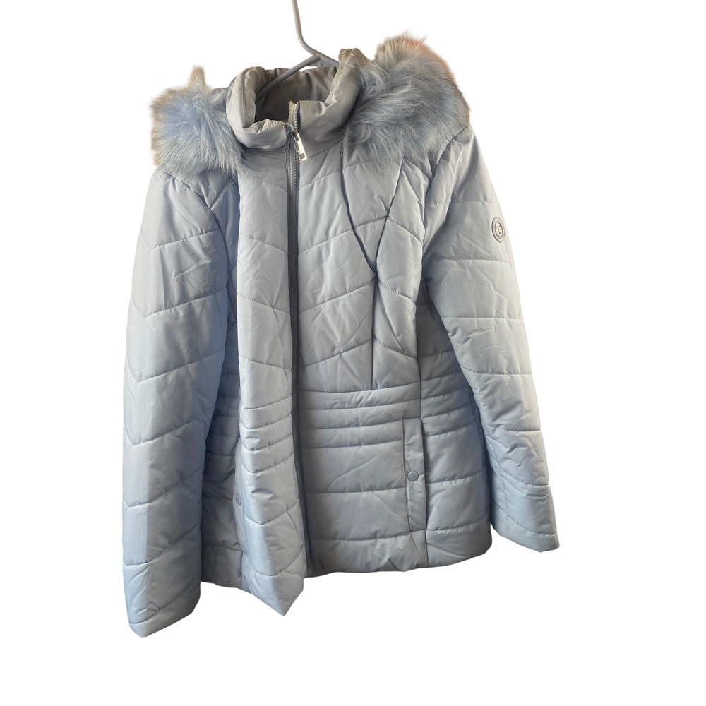 London Fog Coat Womens Large Light Blue Quilted Puffer Jacket Faux Fur Hood